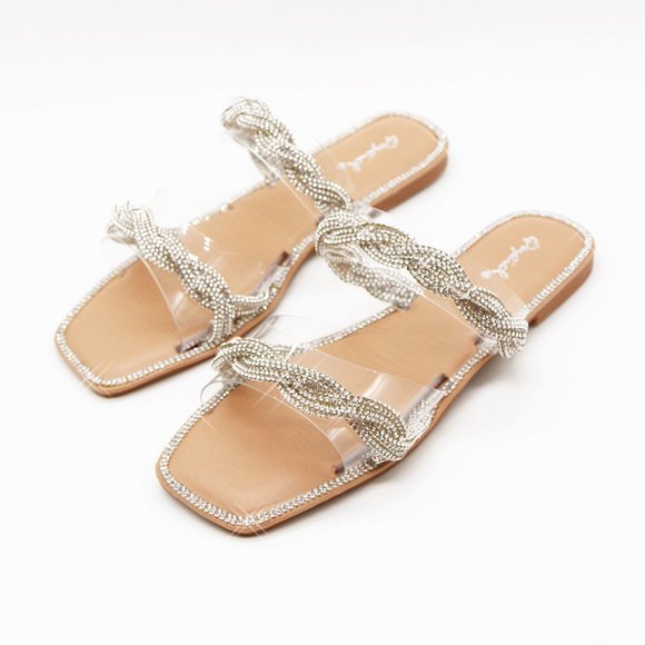 NEW Double Clear Strap Twisted Sparkly Bling Rhinestone Slip On Slides Sandals - Picture 5 of 15